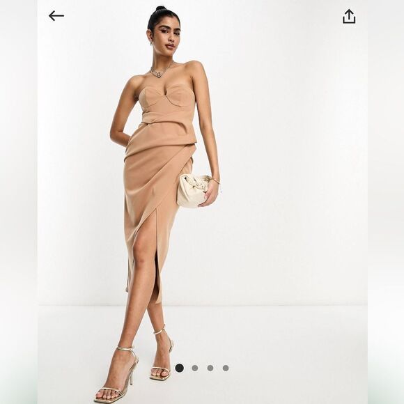 ASOS Design Cupped Bandeau Manipulated Pleat Midi Pencil Dress in Caramel NWT - Picture 2 of 8